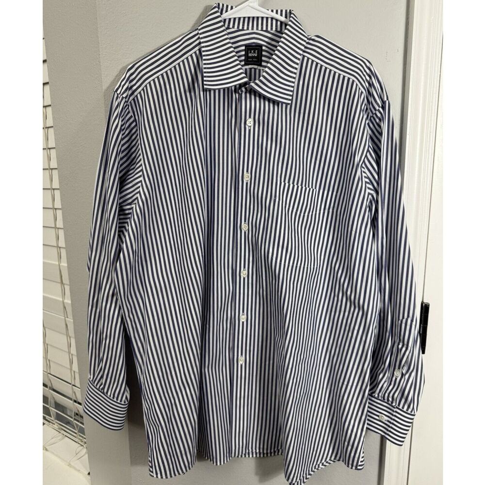 IKE BEHAR Men's Dress Shirt Size 17-34‎ Blue White Stripe Cotton Long Sleeves